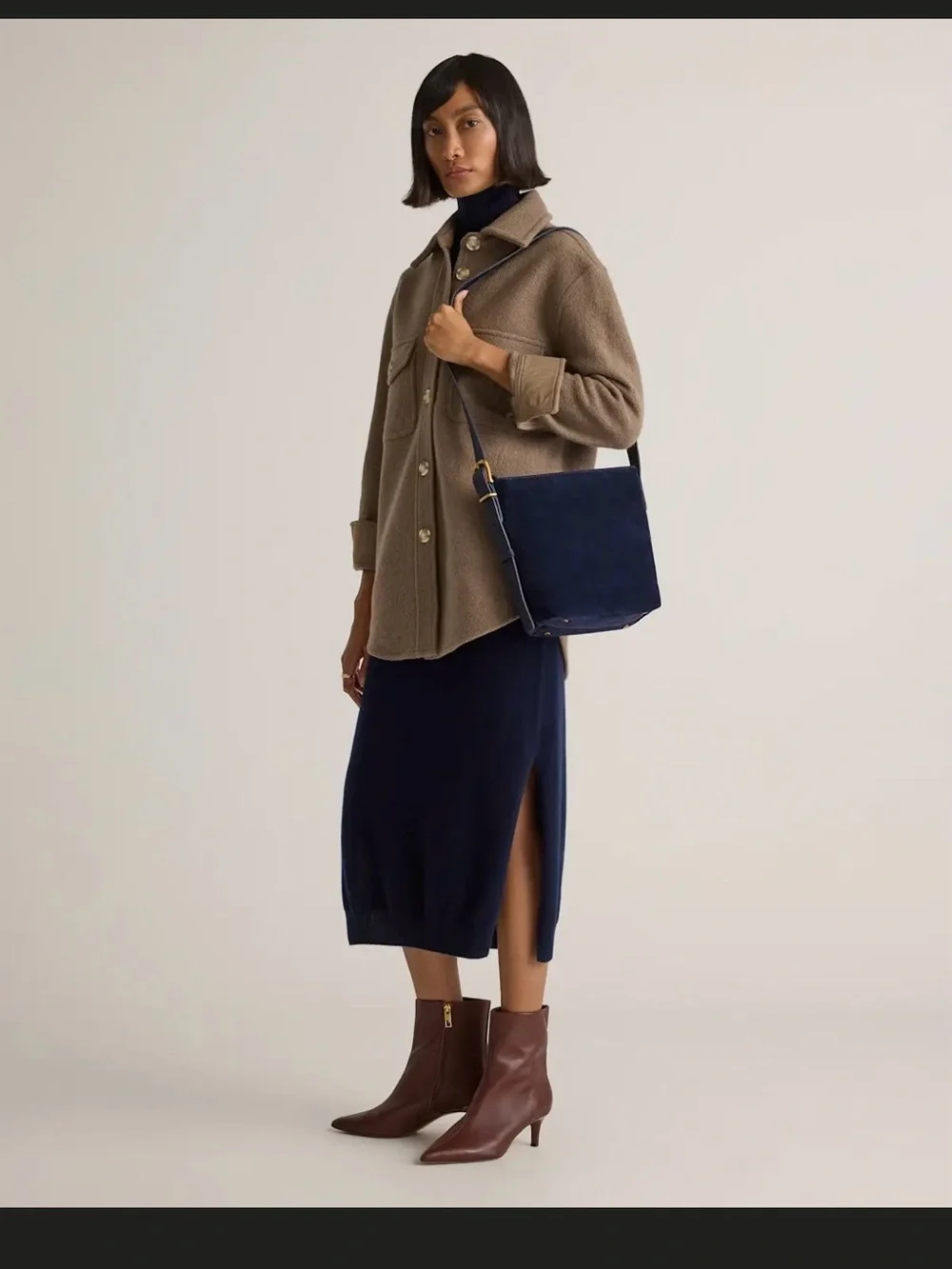 Quince Navy Suede Shoulder Bag with Leather Strap